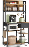VASAGLE Bakers Rack with Charging Station, Coffee Bar with Adjustable Storage Shelves, Fabric Drawer, 12 Hooks, 15.7 x 31.5 x 71 Inches, Kitchen Microwave Stand, Rustic Brown and Ink Black UKKS015K01