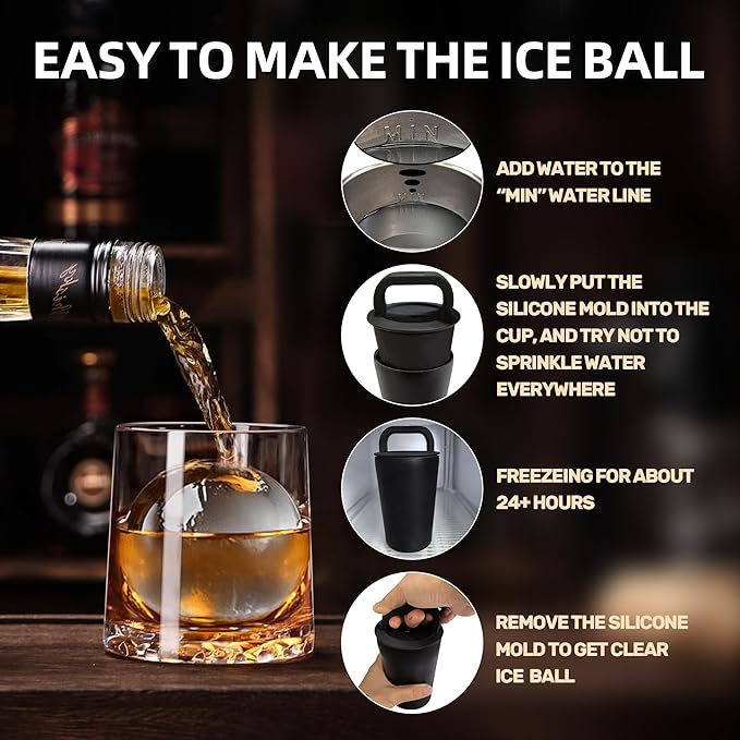 Clear Ice Cube Maker Tray – 2.5 Inch Large Round Ice Ball Mold, Stainless Steel & Silicone, Slow Melting Clear Sphere Ice for Whiskey, Cocktails, and Home Bar Use (Black-2 Pack)