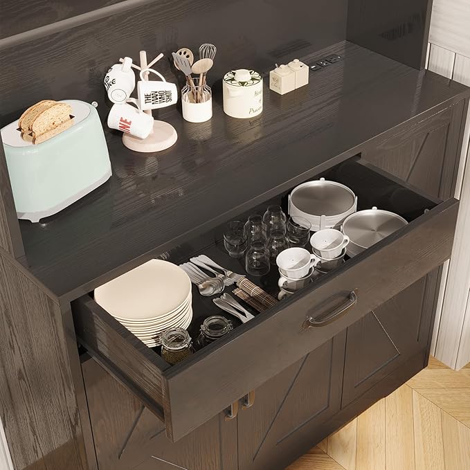 71" Kitchen Pantry Cabinet with Charging Station, Buffet Sideboard for Coffee Maker & Toaster, Storage Cabinet for Snacks, Spices & Wine, Fits Kitchen, Dining Room & Coffee Bar，Black wood grain
