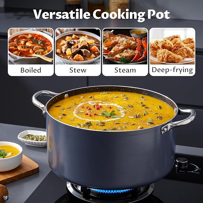 BEZIA 6 Quart Cooking Pot, Non Stick Induction Stock Pots with Lid, All Stove Compatible, 6 QT Aluminum Soup/Stew Pot For Small Households, Grey