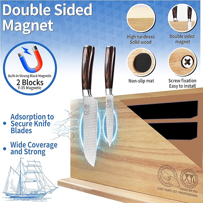 XYJ Authentic Since 1986 Magnetic Knife Block, Powerful Double-Sided Wooden Magnetic Knife Holder, Cutlery Display, Universal Kitchen Knife Stand Storage Rack Without Knives