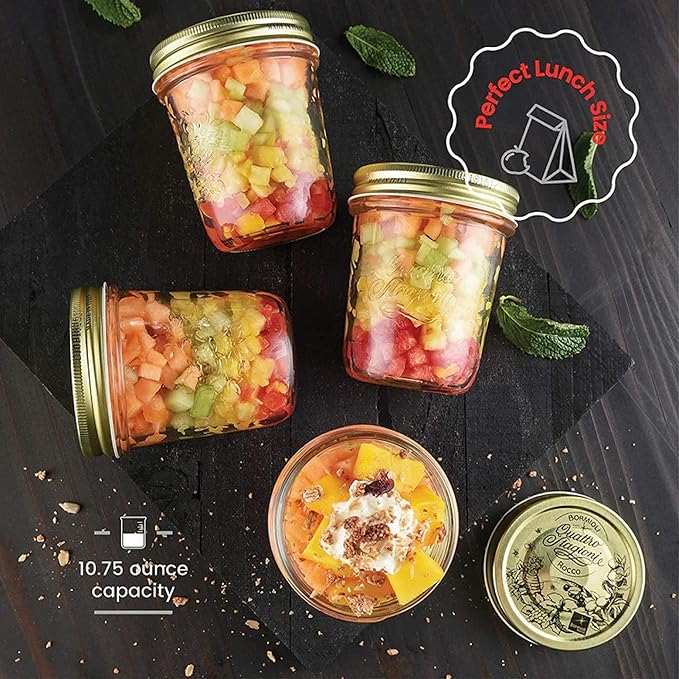 Bormioli Rocco Quattro Stagioni 10.75 oz Glass Preserving Jar (Set of 12) - Wide‑Mouth Twist‑Top Canister with Airtight Seal - Bee embossed Storage & Serving Vessel - Made in Italy, BPA‑Free