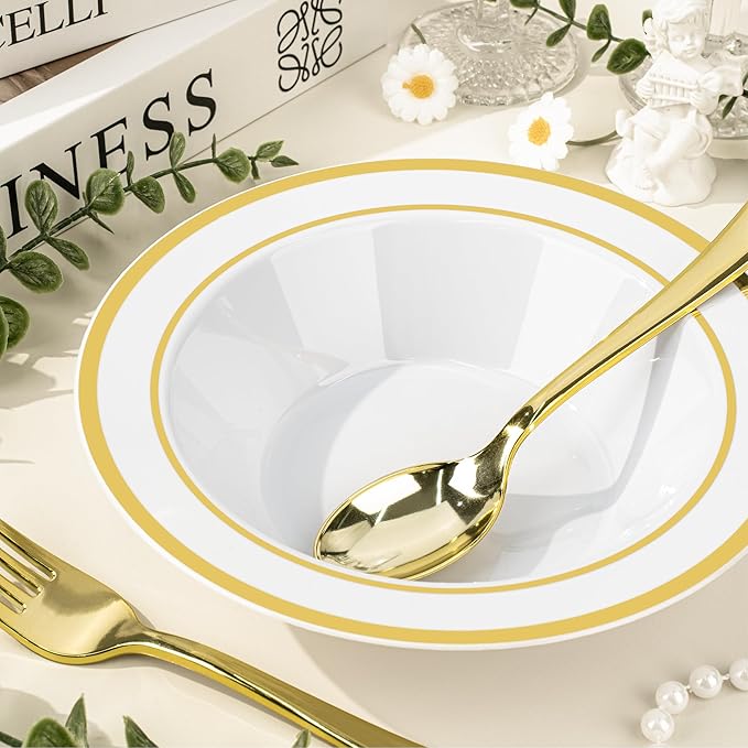 BESTVIP 50 Pack Plastic Bowls with Gold Rim, 12 oz Disposable Soup Bowls, Heavy-duty Dessert Salad Bowl for Party, Wedding, Christmas, Thanksgiving, Dinner, Catering