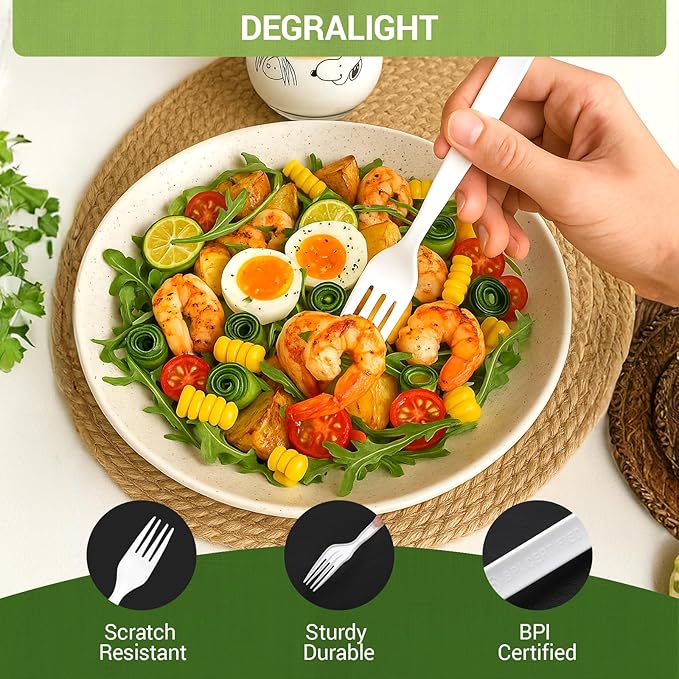 100% Compostable Froks - 200Pcs Heavy Duty Biodegradable Forks Disposable Utensils, BPA-Free, Heat Resistant, BPI Certified Disposable Forks, Eco Friendly Cutlery for Party, Office & Picnic