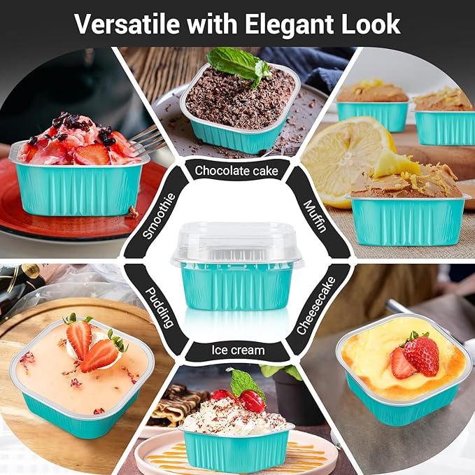 EUSOAR Aluminum Foil Baking Cups with Lids, Blue 10oz 50pcs Creme Brulee Cups, Disposable Ramekins, Muffin Cups for Baking, Square Cupcake Pans, Mini Cake loaf Bread Pans