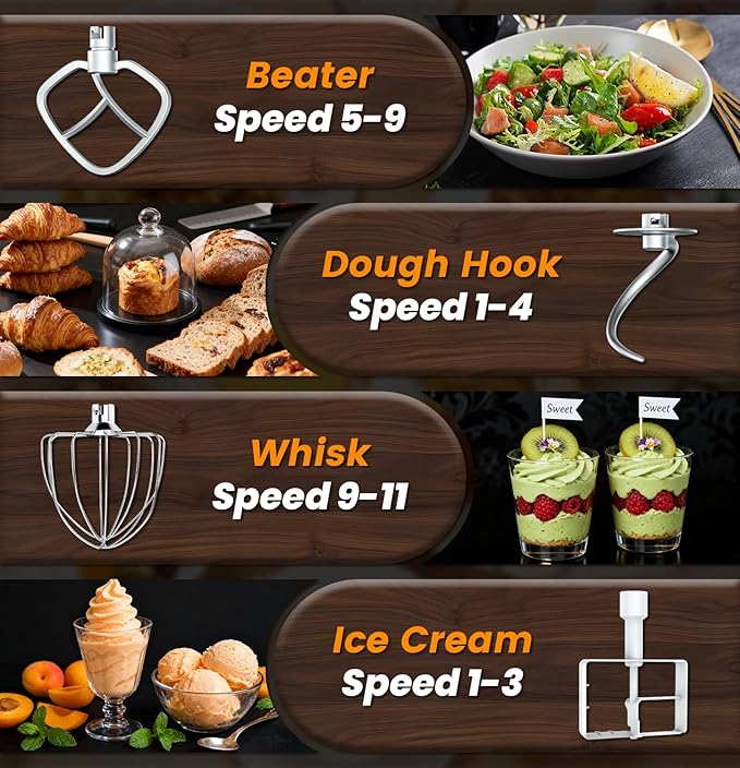 Stand Mixer Set, 6QT Kitchen Mixer with LED Touchscreen, 11-Speed Tilt-Head Mixer with Timer, 4 Preset Menus, Stainless Steel Bowl, Hook, Whisk, Beater,Plus 2QT Ice Cream Maker Attachment,Black