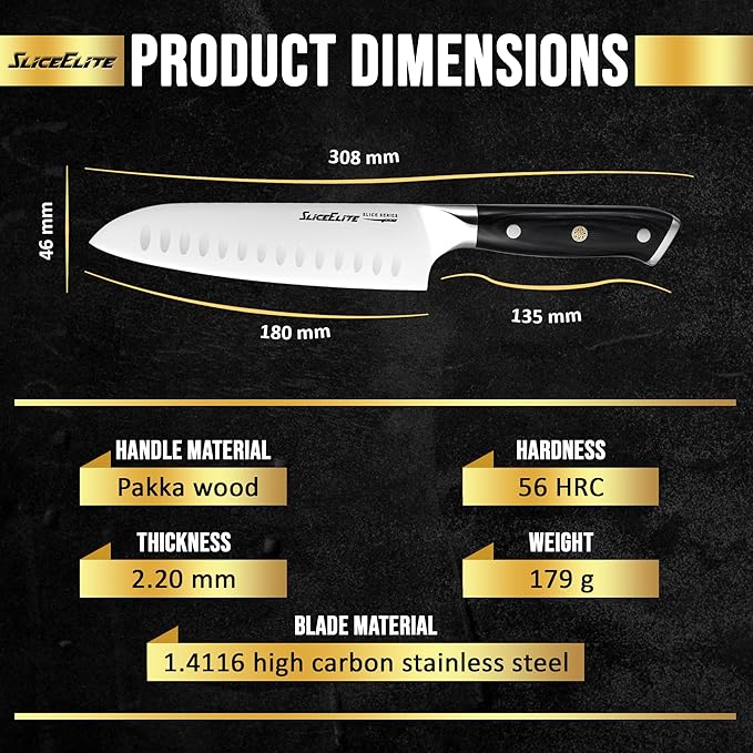 SliceElite Slice Series 7 Inch Santoku Knife High Carbon German Steel Blade Full Tang Pakkawood Handle Polymer Blade Guard Sharp Kitchen Knife for Meat Cutting Chopping BBQ Cooking Chef Vegetable