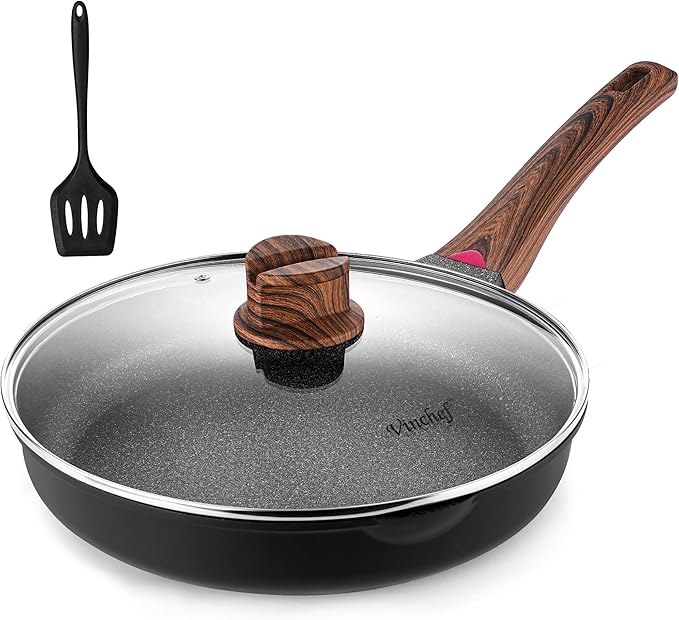 Vinchef Non Stick Frying Pan with Lid,9.5 Inch Anti Scratch Skillet Cast Aluminum Cookware, Induction Compatible Black