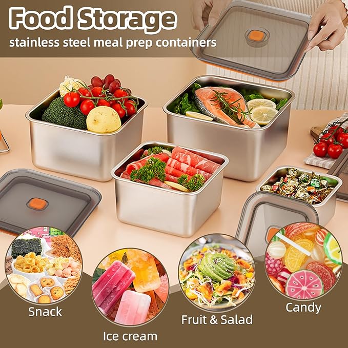 2 PCS Stainless Steel Food Storage Containers(67oz) with Lids Leak Proof & Airtight | Square Stainless steel freezer Containers,For Meal Prep,Fruit,Snack,Freezer