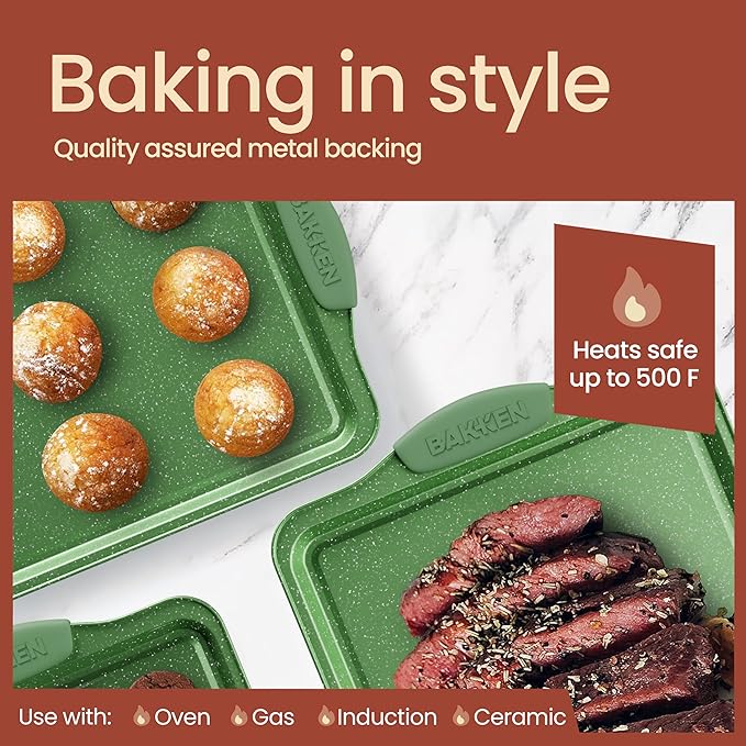 BAKKEN Kitchen Baking Pan Set - Nonstick Green Marble Coating, Carbon Steel Bakeware Sets with Green Silicone Handles, Kitchen Essentials, PFOA, PFOS, PTFE Free, Oven Safe (Up To 450° F), Set of 18