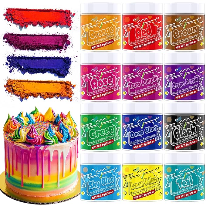 Food Coloring Powder - 12 Vibrant Colors Powered Food Coloring, Food Grade High Concentrated Food Dye for Baking, Cake Decorating, Icing, Cookies, Candy, Slime, 5g/bottle