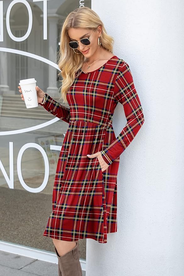 DB MOON Women Casual Long Sleeve Dresses Empire Waist Knee Length Loose Dress with Pockets