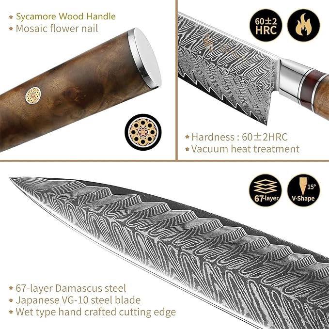 Wakoli Damascus Chef Knife Set with Magnetic Block – 5-Piece Professional Kitchen Knife Collection | Genuine 67-Layer Damascus Steel Blades with VG10 Core | Ergonomic Sycamore Wood Handles