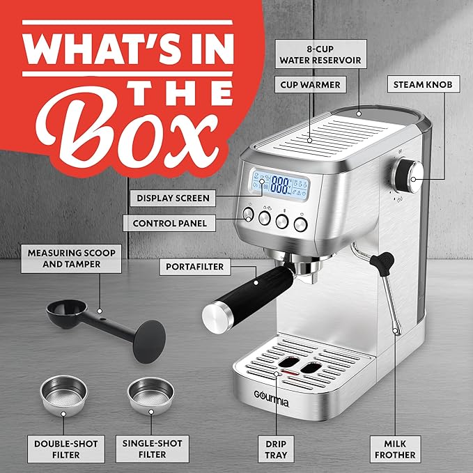 Gourmia Slim Espresso Machine – 20-Bar Pump, LCD Display, Milk Frother, Adjustable Temperature, Manual & Auto Brew for Single/Double Shots, 1350W, Stainless Steel
