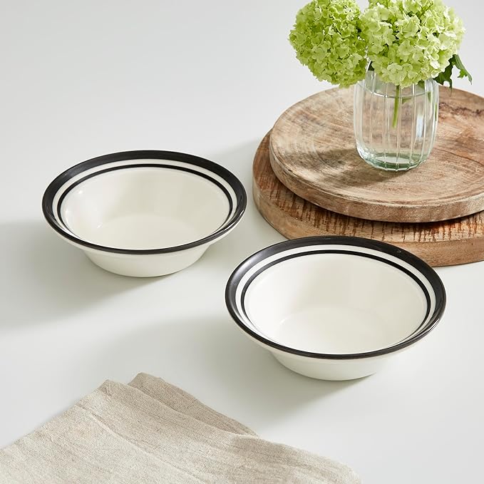 Portmeirion Potter's Stripe Oatmeal Bowls (Set of 4) - Elegant Earthenware for Breakfast, Lunch & Dessert - Microwave & Dishwasher Safe Bowls, Handcrafted Stackable Bowl Collection (Black Stripe)