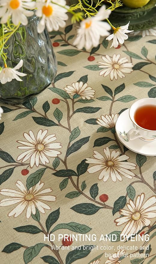 ISAENNE Designer Green Linen Long Rectangle Tablecloth,Floral French Country Indoor Table Cloth,Stain Resistant Home Decor Tablecloths for Dining Kitchen Thanksgiving Party,63"*102"-Brune