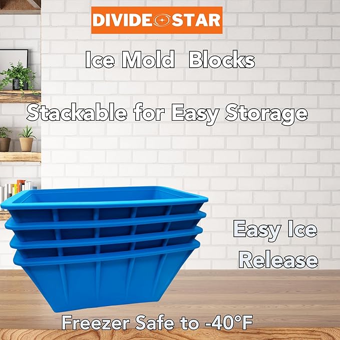 Extra Large Ice Molds 32LB – Set of 4 Silicone Ice Makers for Ice Baths & Cold Plunge, Reusable Giant Ice Cube Blocks, Home & Outdoor Coolers, Freezer Accessories, plus DIVIDE STAR 14-grid Ice Mold