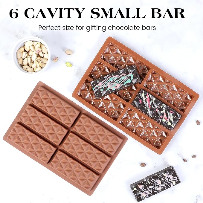 2 Pcs Chocolate Bar Mold Deep Dubai Stuffed Silicone Molds for Filling Knafeh Pistachio Chocolate Bar and Wax Melts Rectangle Thick Candy Bar Molds Break Apart (Pyramid)