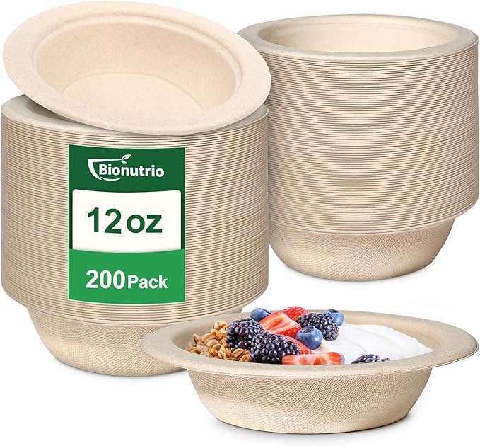 Compostable Paper Bowls 12 oz, 200 Pack Bowls Disposable Heavy Duty, Microwavable Eco-Friendly Biodegradable Bowl for Snacks, Milk, Cereals, Soup, Natural Brown