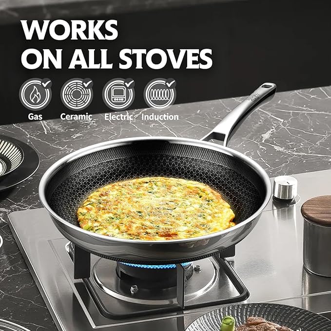 Non Stick Frying Pans, 12 inch with Lid Hybrid Frying Pans Nonstick,non stick Stainless Steel Skillets, Dishwasher/Oven Safe Cookware, Induction Compatible, PFOA Free Cookware