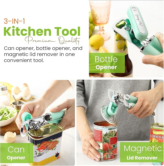 Spring Chef Stainless Steel Can Opener - Manual with Soft Grip Handles, Easy Turn, Heavy Duty Hand Can Opener for Seniors with Smooth Edge - Built-in Magnetic Lid Remover - Mint