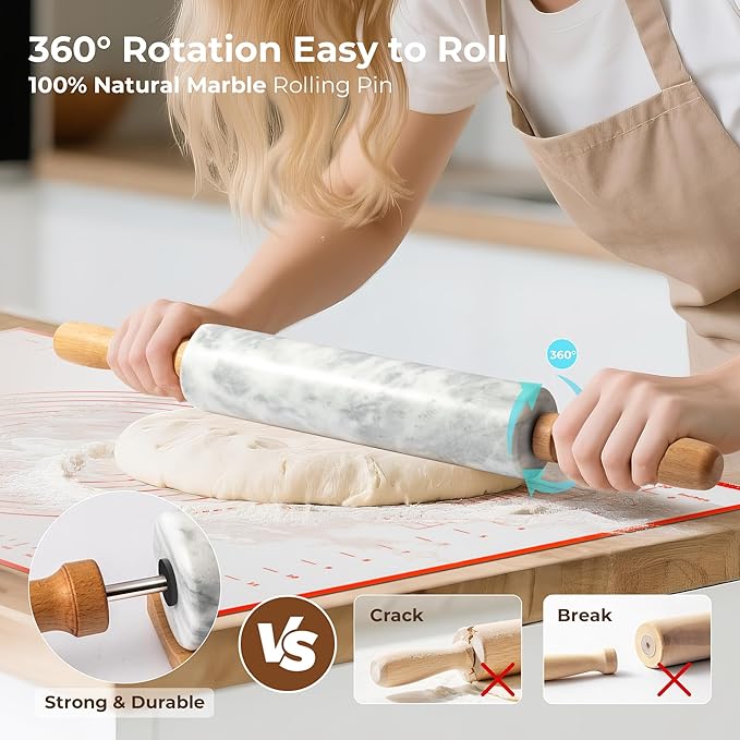 WORHE Marble Rolling Pin with Non-Stick Silicone Mat & Wood Base, 16.9-Inch Heavy Weight Dough Roller for Pizza Crust, Cookies, Pasta, Fondant, Pastry Polished Non-Stick Surface White (WH076)