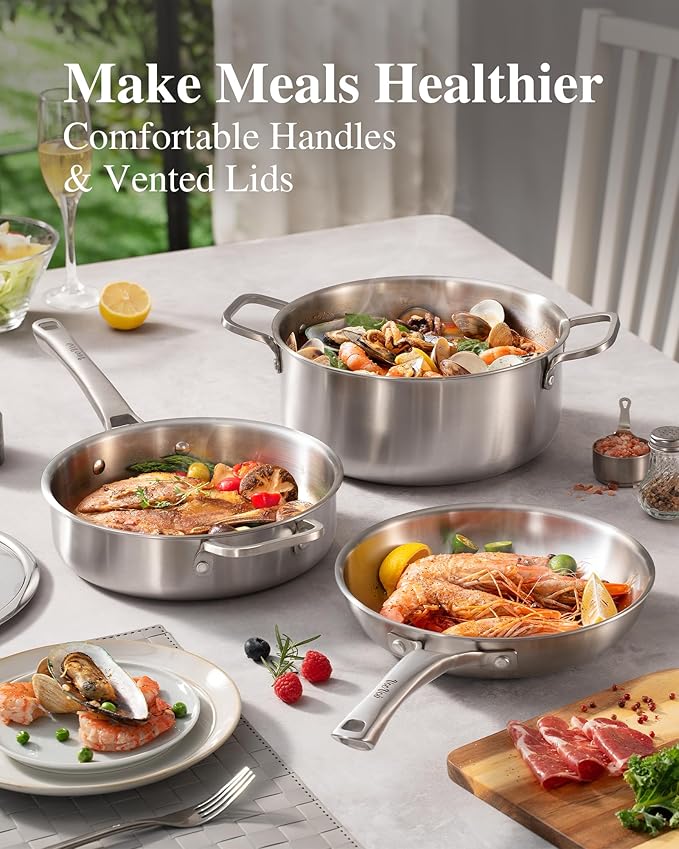 Stainless Steel Cookware Set,Tir-Ply Pots and Pans Set,10 Pcs Stainless Steel Induction Kitchen Cookware Sets,PFOA Free, Frying Pans,Saucepans,Saute Pan & Stock Pot,Compatible with All Cooktops