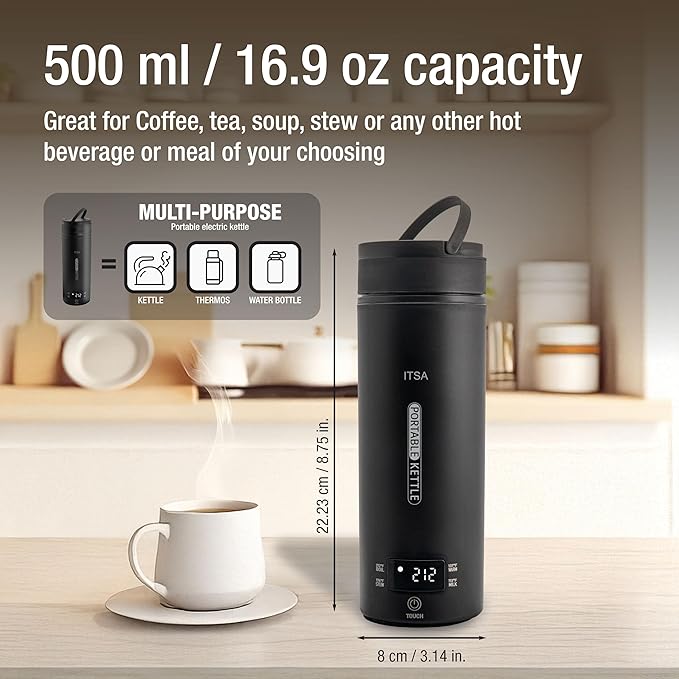 ITSA Travel Electric Kettle 500ml Portable Stainless Steel Water Boiler with Temperature Control & Auto Shut Off – Mini Electric Kettle for Coffee, Tea & Hot Water, BPA-Free