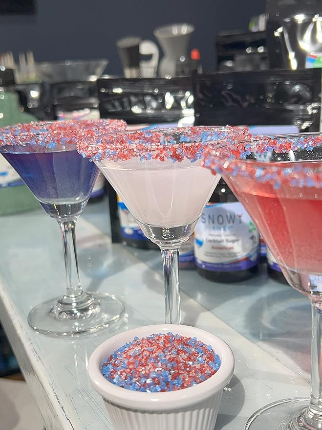 Snowy River Americas Cocktail Sugar - Naturally Colored 4th July Red, White & Blue Sugar for Cocktail Rimming, Baking & Decorating, Medium Crystal (Americas, 3oz Gift Bottle)