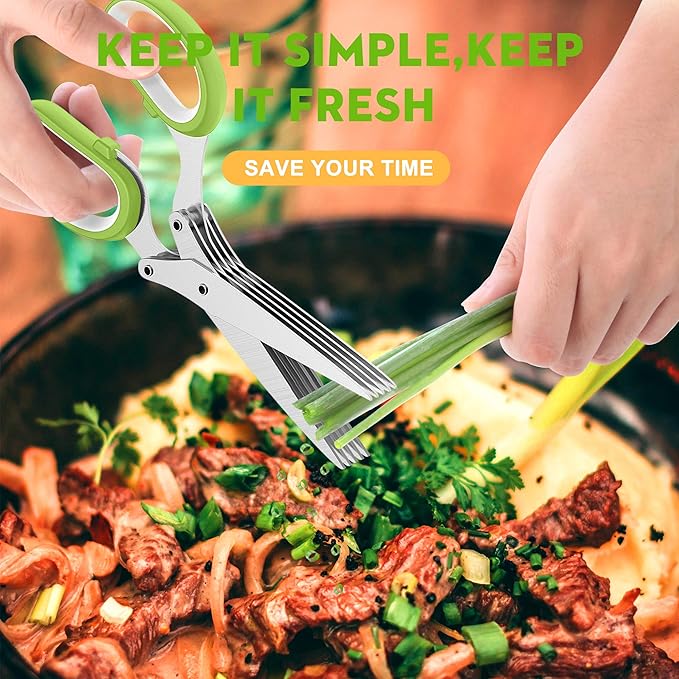 Herb Scissors Set - Updated 2025 Cool Kitchen Gadgets for Cutting Fresh Garden Herbs - Herb Cutter Shears with 5 Blades and Cover, Sharp and Anti-rust Stainless Steel, Dishwasher Safe (Green-White)