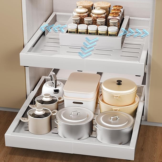 1 Pack Pull Out Cabinet Organizer, Slide Out Drawer Expandable Width (12"-19") and Depth (17"-23") With 3 Slides, Fixed with Adhesive Film and Nail for Cabinets in Kitchen, Pantry or Bathroom