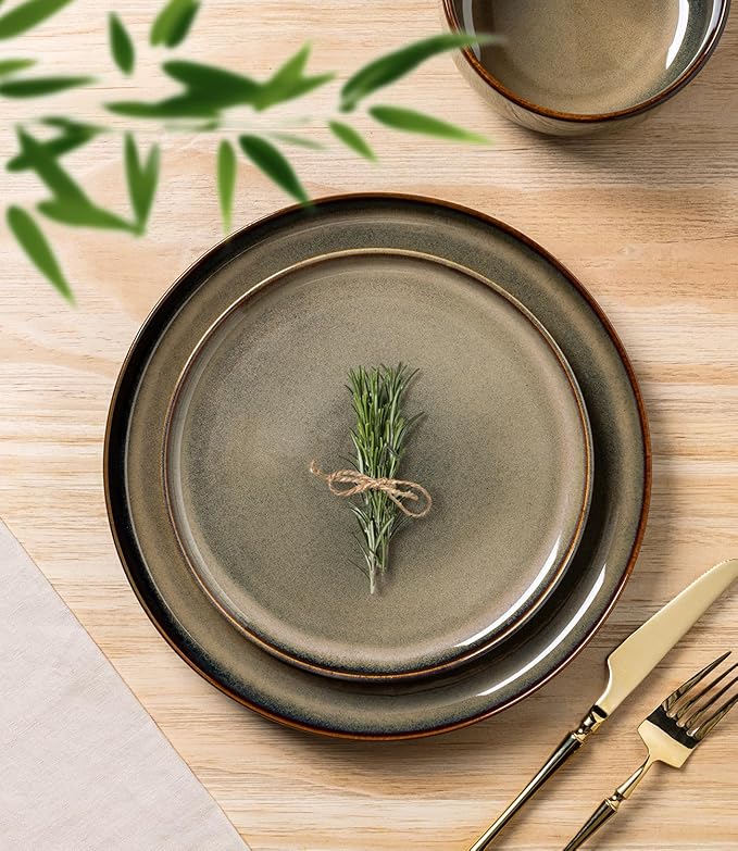 TheTerra Ceramic Dinnerware Sets for 8, 24 Pieces Handmade Reactive Glaze Plates and Bowls Set, Scratch Resistant Dish Set, Oven & Microwave & Dishwasher Safe, Coca Mocha