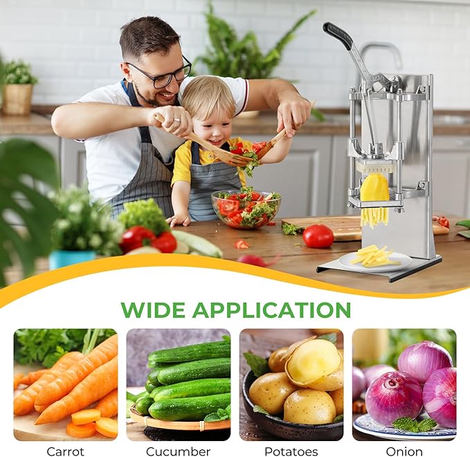 4in1 Commercial French Fry Cutter & Lemon Slicer & Vegetable Chopper - Stainless Steel with Extended Handle - 4 Blades for Home, Bar, Restaurant - Dice, Slice & Chop 1/2", 3/8", 1/4", 8 Wedge