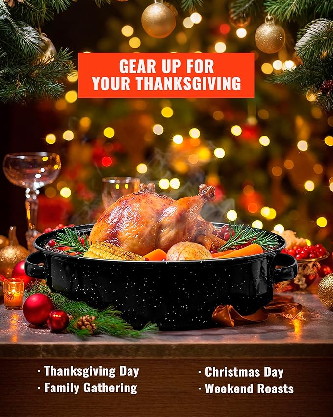 Enamel Granite Roasting Pan with Lid 18 Inch with Rack, Extra Large Deep Oven Baking Pot, NonStick Oval Carbon Steel Potato Roaster Pan for Turkey Chicken Steak NonToxic Perfect for Party Thanksgiving