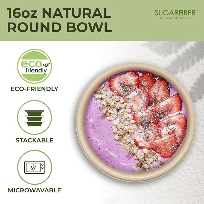 [500 Count]Harvest Pack 16oz PFAS FREE Round Paper Bowls Bulk, Compostable Heavy-Duty Eco-Friendly Disposable Bagasse Acai Bowls, Sugarcane Natural plant fibers for Meal Prep Takeout Dinnerware