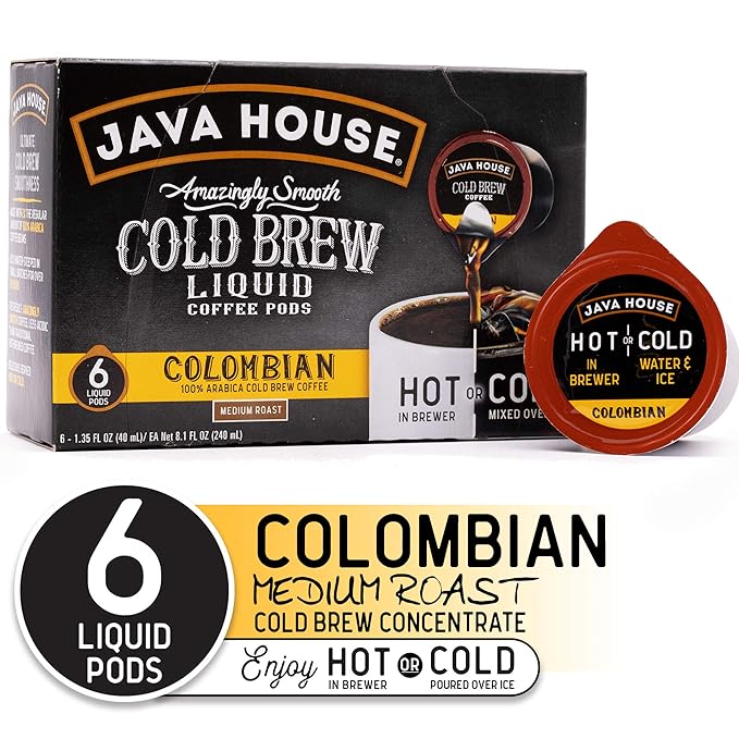 Java House Single-Serve Cold Brew Coffee Pods – 100% Arabica Liquid Concentrate – Smooth & Bold Colombian Roast – 6 Pods – Ready Hot or Iced, TSA Approved