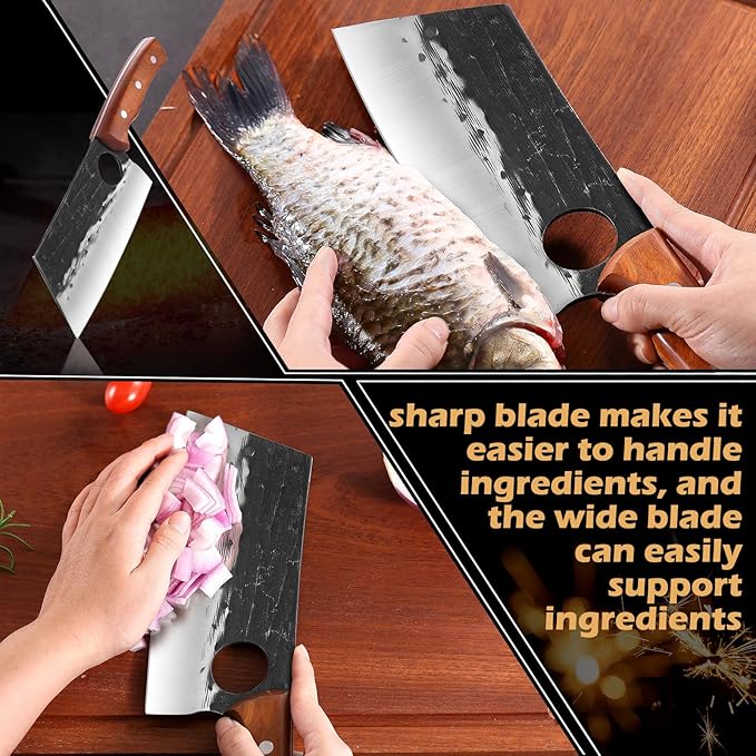 Meat Cleaver Chef Viking Butcher Japanese Cutting Boning Chopping Knife Hand Forged Full Tang Knives with Sheath for Kitchen, Outdoor Cooking, Camping, BBQ, Gift for Man and Women