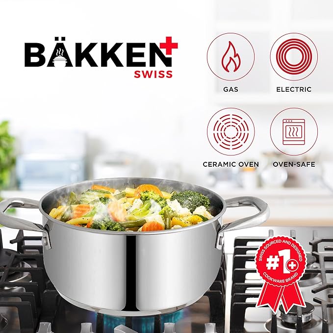 Stainless Steel Stockpot with Tempered Glass Lid 3 Quart, Durable 18/0 Stainless Steel, Impact-Bonded Base for Even Heating, Riveted Handles, Oven & All Stove Compatible, Safe Up To 500°F (260°C)