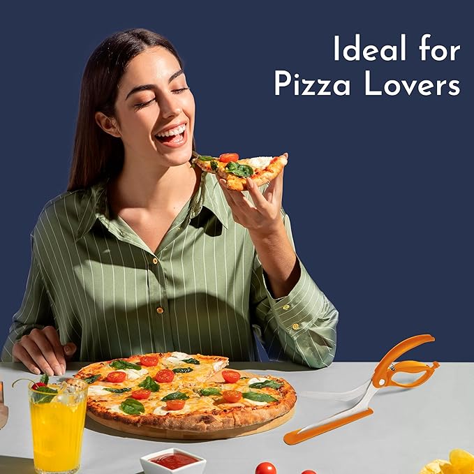 Loftern Orange Pizza Scissors - Non-Stick Pizza Scissors with Firm Grip Base - Food Grade Stainless Steel Pizza Cutter - 5-in-1 Food Slicer & Pizza Server - Durable, Safe & Mess Free
