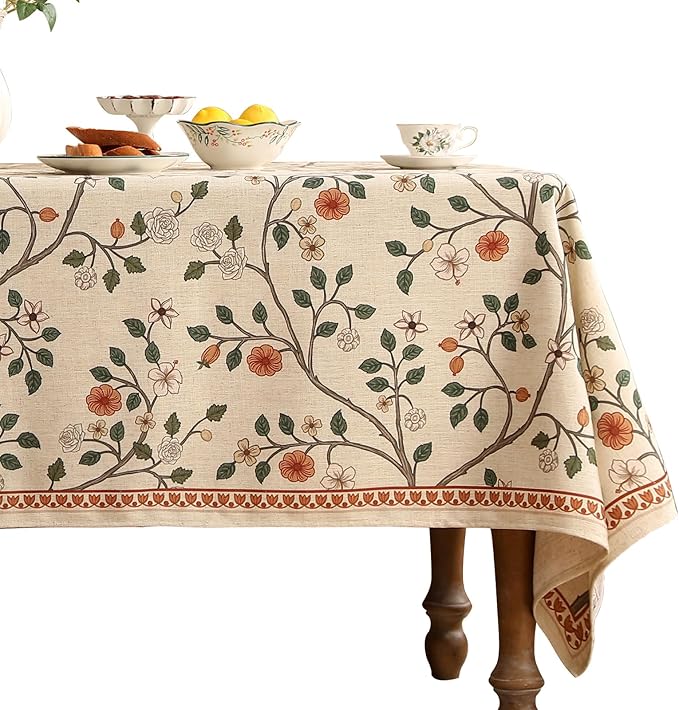 ISAENNE Designer Floral Extra Long Rectangle Tablecloth,French Linen Light Beige Indoor Table Cloth,Fall Wrinkle Resistant Decor Tablecloths for Dining Thanksgiving Kitchen,67"*118"-Flora A