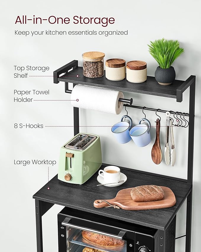 VASAGLE Kitchen Bakers Rack with Power Outlet, Coffee Bar 4-Tier with 8 S Hooks, Microwave Stand, Adjustable Shelf, for Small Spaces, Charcoal Gray and Ink Black UKKS014B01V1