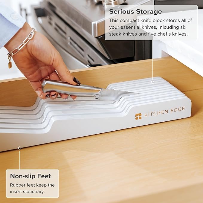KitchenEdge White Knife Drawer Organizer Insert - Knife Block Holder, Holds 5 Long + 6 Short Knives (Not Included), Fits Most Sizes, Non-Slip Feet, 100% Sustainable Bamboo, Food-Safe White Finish
