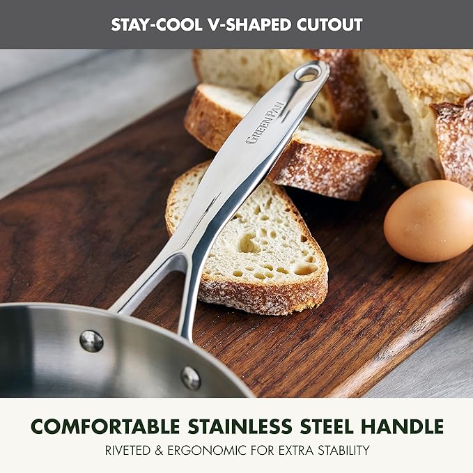 GreenPan Valencia Tri-Ply Stainless Steel 12" Frying Pan, Induction Ready Skillet, Mirror Finish, Dishwasher Safe & Oven/Broiler Safe to 600F, Compatible with All Cooktops, Silver