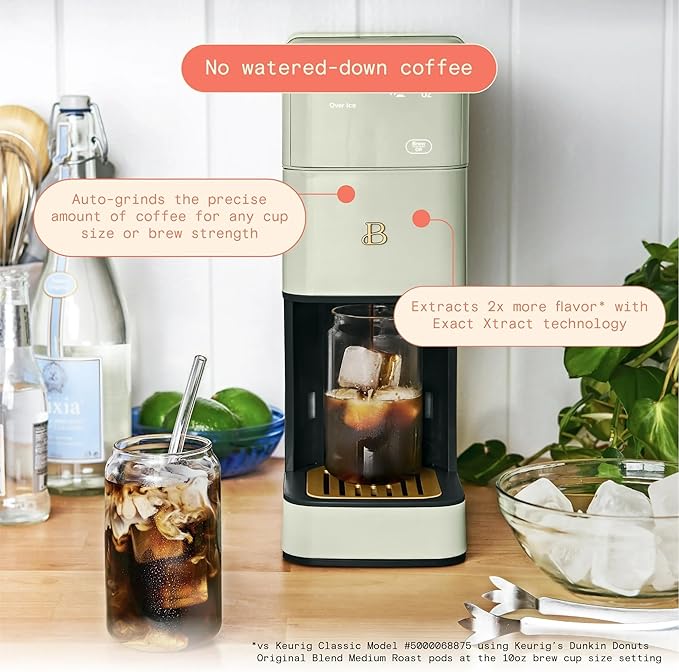 Beautiful Perfect Grind Programmable Single Serve Coffee Maker with Touch Display and Integrated Burr Grinder, Auto Coffee Strength Selection, 64oz Water Reservoir (Sage Green)