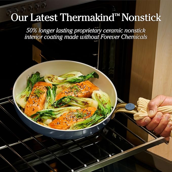 Our Place 8-Piece Essentials Complete Cookware Set - Ceramic Fry Pan Trio & Modular Rack Storage | Nontoxic Thermakind™ Nonstick, Oven Safe up to 450°F & Compatible with All Cooktops | Blue Salt