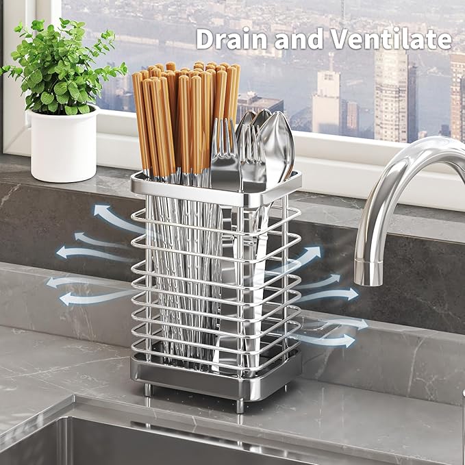 Kitchen Utensil Drying Rack,304 Stainless Steel Chopsticks Spoon Fork Knife Drainer Basket Flatware Storage Drainer, Dish Drainer for Kitchen Counter