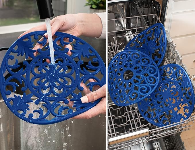GASARÉ, Extra Large, Thick, 10" Silicone Trivets for Hot Dishes, Pots, and Pans, Hot Pads for Countertops, Flexible, Dishwasher Safe, 10 x ¼ Inches, Set of 3, Blue