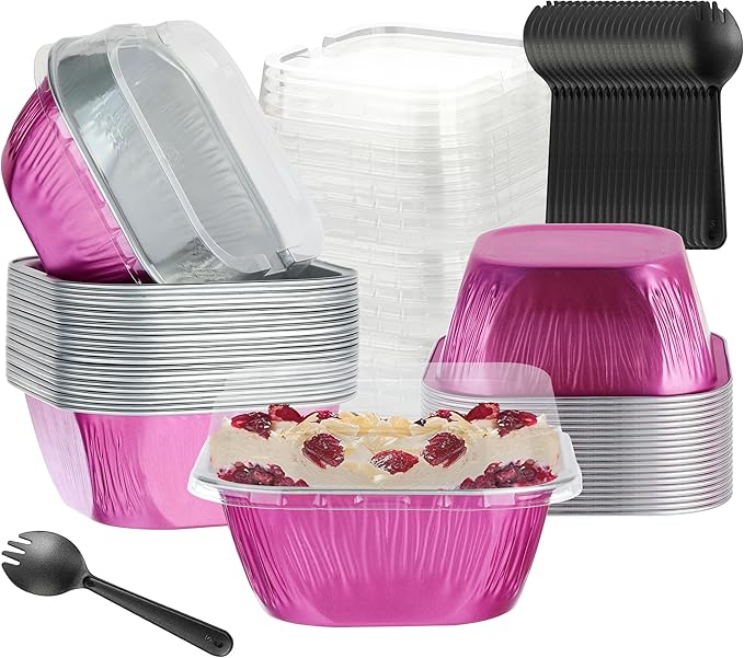 30PCS 7.8OZ Mini Aluminum Pans with Lids, Disposable, Magenta, Perfect for Birthday, Wedding Occasions