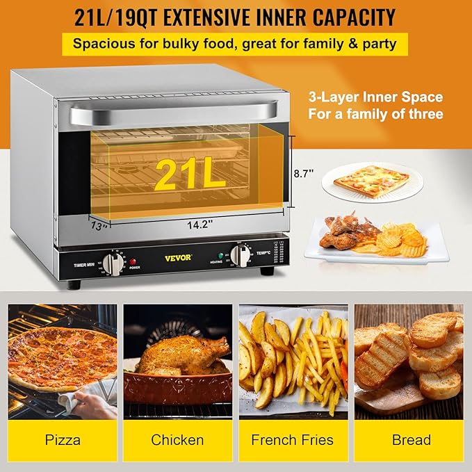 VEVOR Commercial Convection Oven, 21L/19Qt, Quarter-Size Conventional Oven Countertop, 1440W 3-Tier Toaster w/Front Glass Door, Electric Baking Oven w/Trays Wire Racks Clip Gloves, 120V