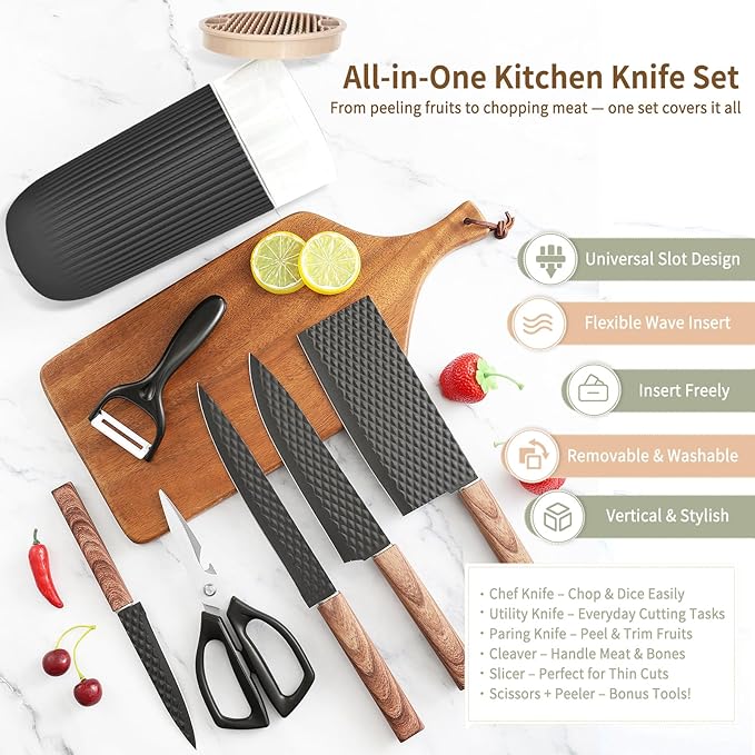 Knife Set, 7-Piece Kitchen Knife Set with Sharp Chef and Meat Knives, Anti-Rust Utility Knives Set for Kitchen, Kitchen Knife Block Set – Black